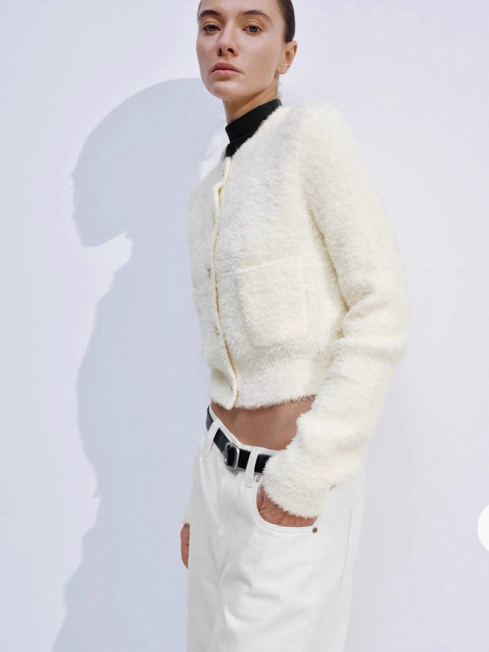 Cropped Ivory Fuzzy Button-Up Cardigan Jacket - Women